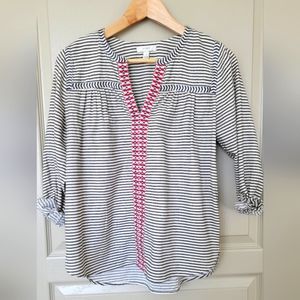 J. CREW Tunic Peasant Top Ivory Black Striped Button Cuff Sleeve Notch Neck